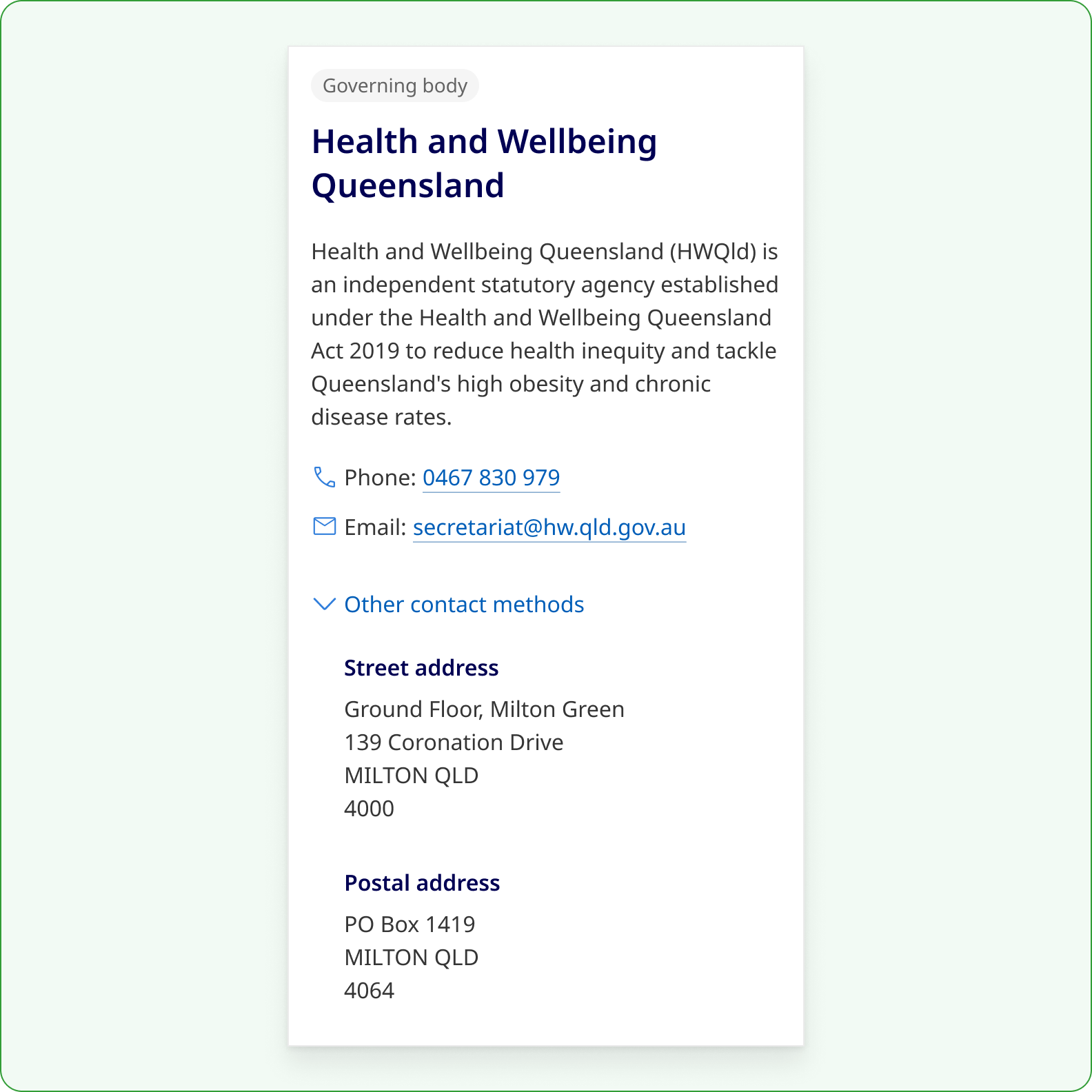 A correct example of the Details component where there is a phone and email address readily available for users, and 'Other contact methods' hidden behind Details for those who want to find less popular information
