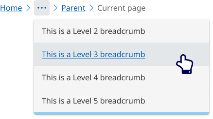 An example of breadcrumbs with links collapsed into an overflow menu. 